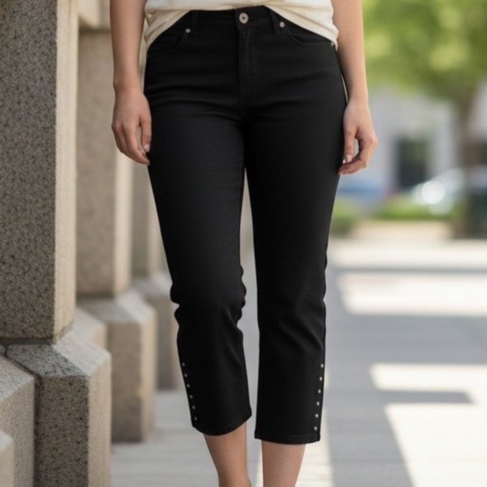 Chicos So Slimming Girlfriend Slim Leg Ankle Jeans Black Studded Hem 3R 12 14
